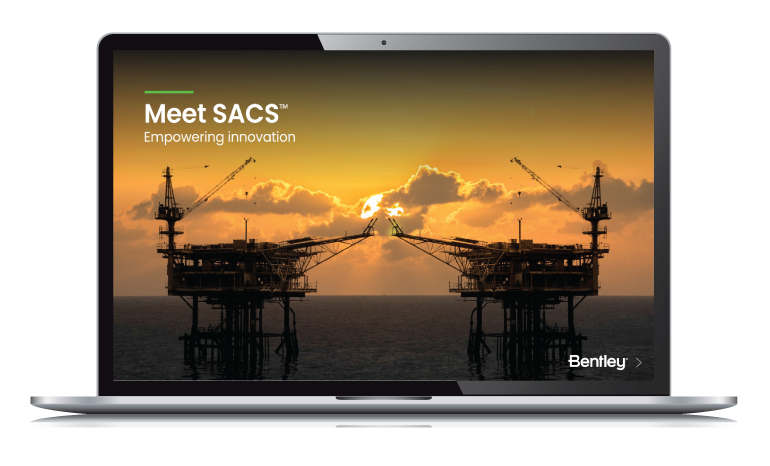 A laptop screen displays an image of two offshore oil rigs at sunset with the text "Meet SACS™ Empowering innovation" and the Bentley logo in the lower right corner. Enhance your knowledge with our latest eBook on offshore solutions.