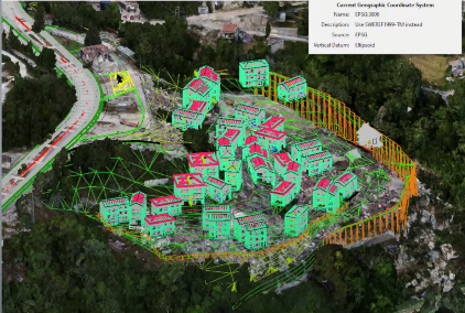 A 3D architectural model overlaid on aerial terrain imagery, featuring buildings in green and red with highlighted structural lines and geospatial coordinates displayed in the top right corner, offers exciting prospects for MicroStation users in 2024.