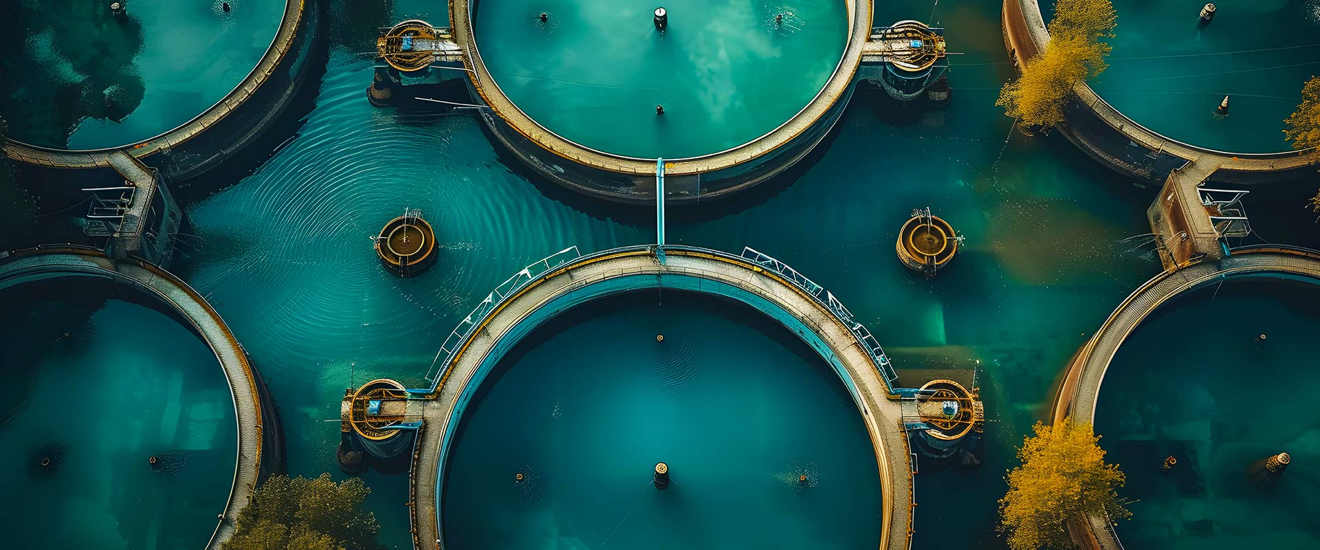 Aerial view of a water treatment plant showing multiple circular tanks with blue water, surrounded by green trees.