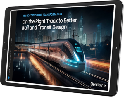 A tablet displaying an advertisement for Bentley's MicroStation software showcases a futuristic train zooming through a cityscape, highlighting cutting-edge infrastructure design for better infrastructure solutions.