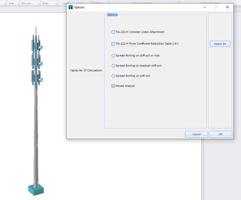A dialog box titled "Options" appears in front of an OpenTower Designer illustration of a cell tower. The dialog includes various selectable options related to calculation tables and modal analysis, adhering to Eurocode standards.