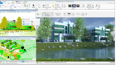 A computer screen displaying MicroStation architectural design software with a 3D rendering of a modern building surrounded by trees and a pond. The interface shows various design tools and options, highlighting the innovative prospects for 2024.